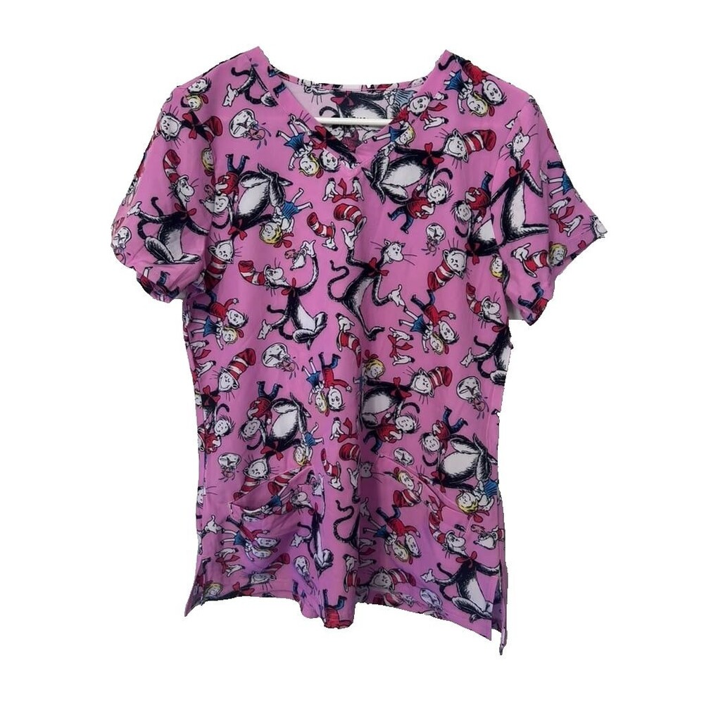 Dr.Seuss Cat Scrub Top Women Small Pink Short Sleeve School V-Neck Graphic New
